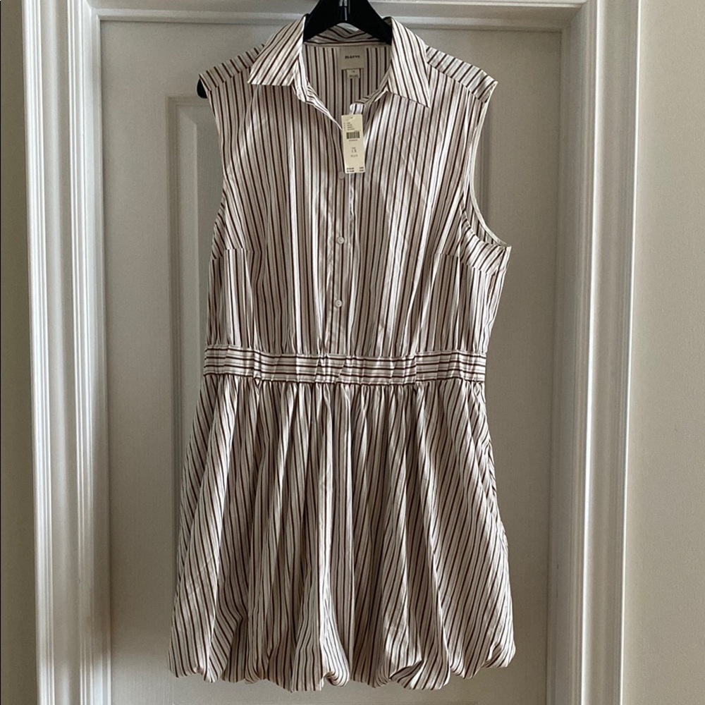 Brown and White Sleeveless Midi Dress with Notched Collar cotton 💯